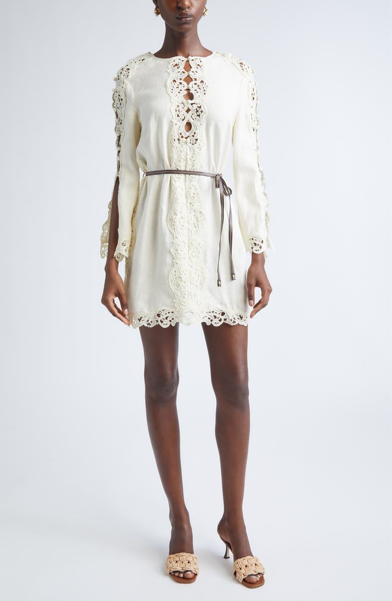 Zimmermann Awaken Long Sleeve Lace Trim Linen Minidress, Main, color, Cream