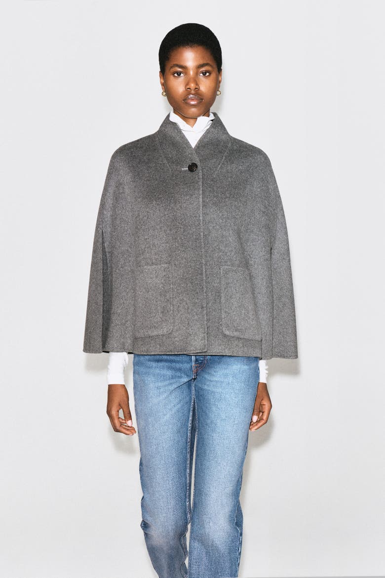 Shawl-Collar Double-Faced Wool Cape, Alternate, color, GRAY