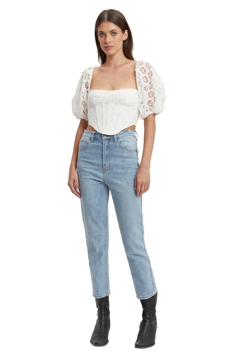 Bardot Daisy Floral Eyelet Corset Crop Top, Alternate, color, 