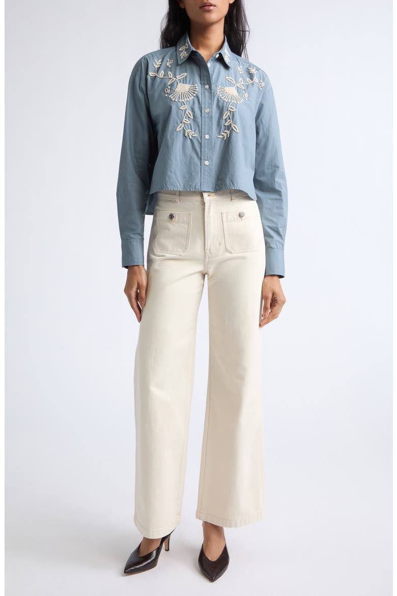 Aderes Beaded Floral Cotton Button-Up Shirt, Alternate, color, BLUE STEEL