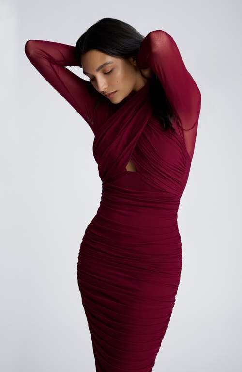 Kenneth Cole Twist Front Mesh Midi Dress With Side Rouching In Wineberry