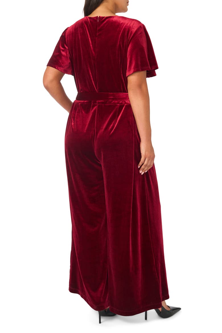 Flutter Sleeve Surplice Velvet Jumpsuit, Alternate, color, CRISP MERLOT