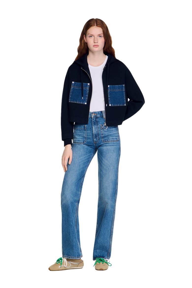 Knit and denim sweatshirt, Alternate, color, Navy blue