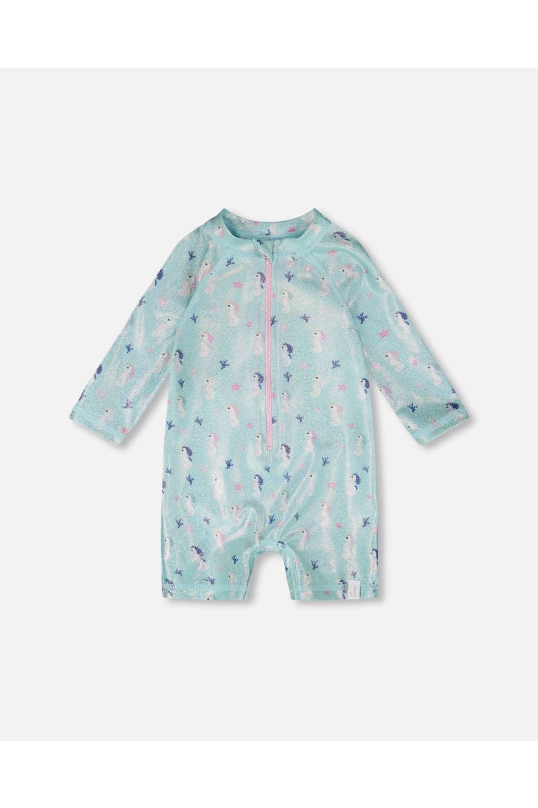 One-Piece Long Sleeve Seahorse Rashguard, Main, color, Blue Seahorse Print