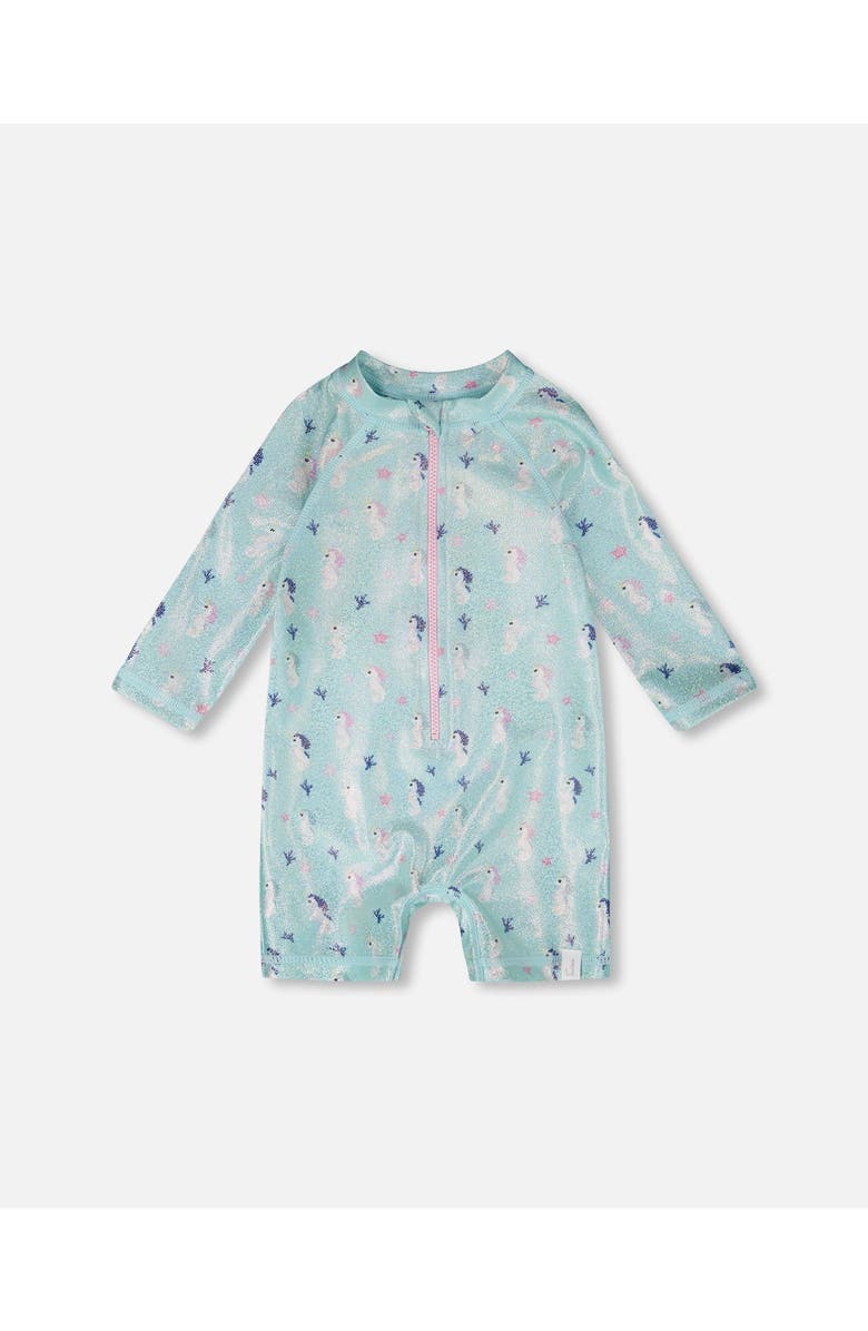 Deux par Deux One-Piece Long Sleeve Seahorse Rashguard, Main, color, Blue Seahorse Print