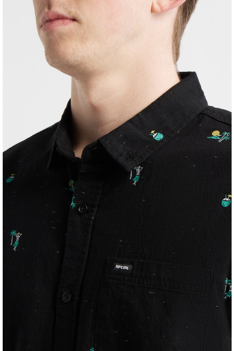 Skelly Breach Tropical Print Short Sleeve Cotton Chambray Button-Down Shirt, Alternate, color, BLACK