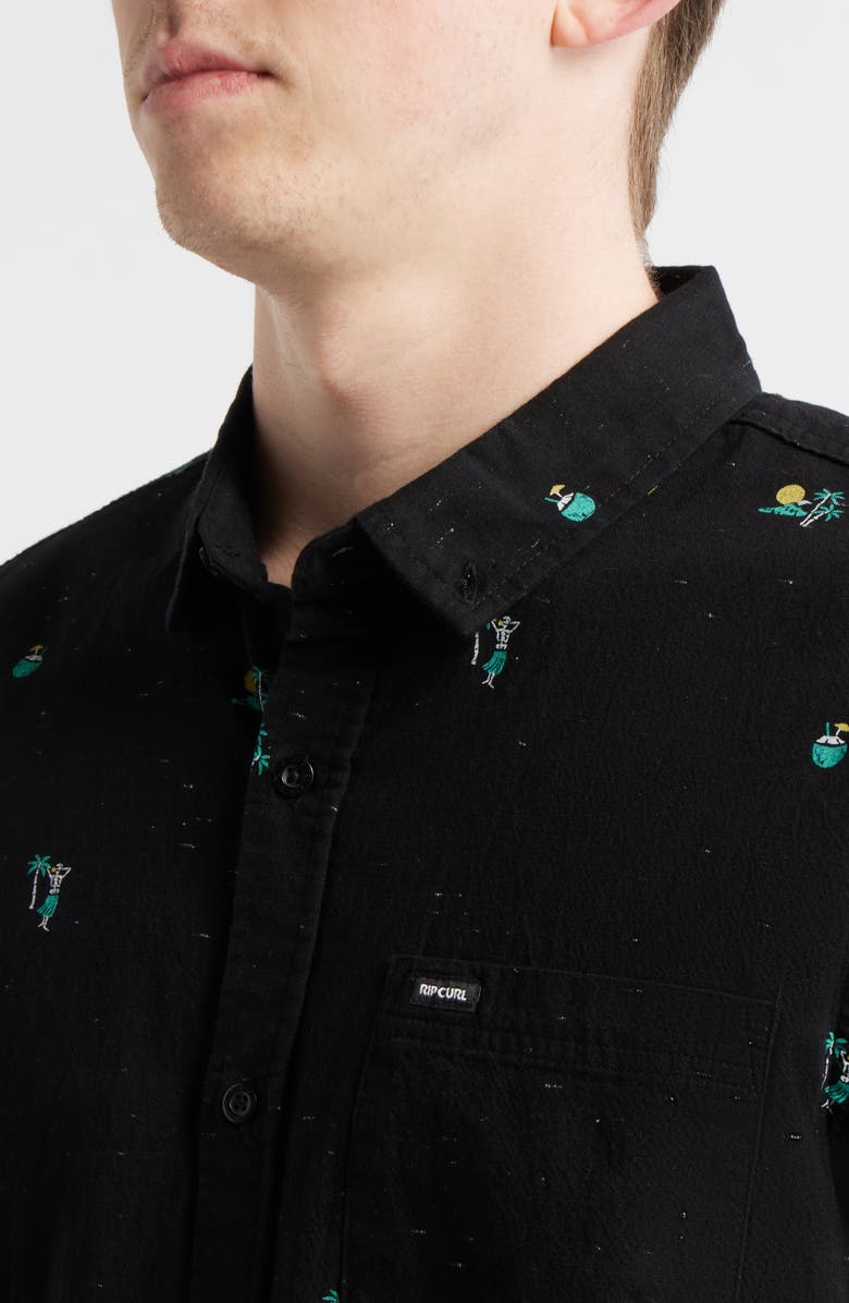 Rip Curl Skelly Breach Tropical Print Short Sleeve Cotton Chambray Button-Down Shirt, Alternate, color, Black