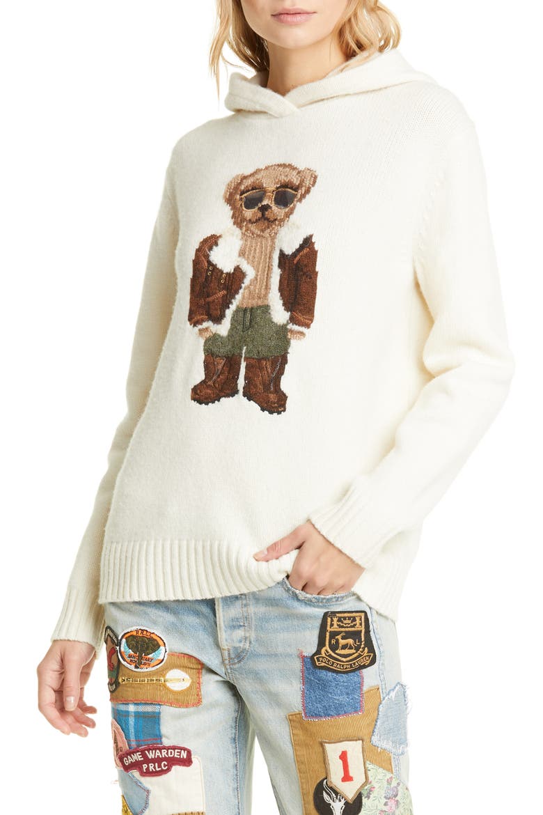 Aviator Bear Hooded Wool Sweater, Main, color, MULTI