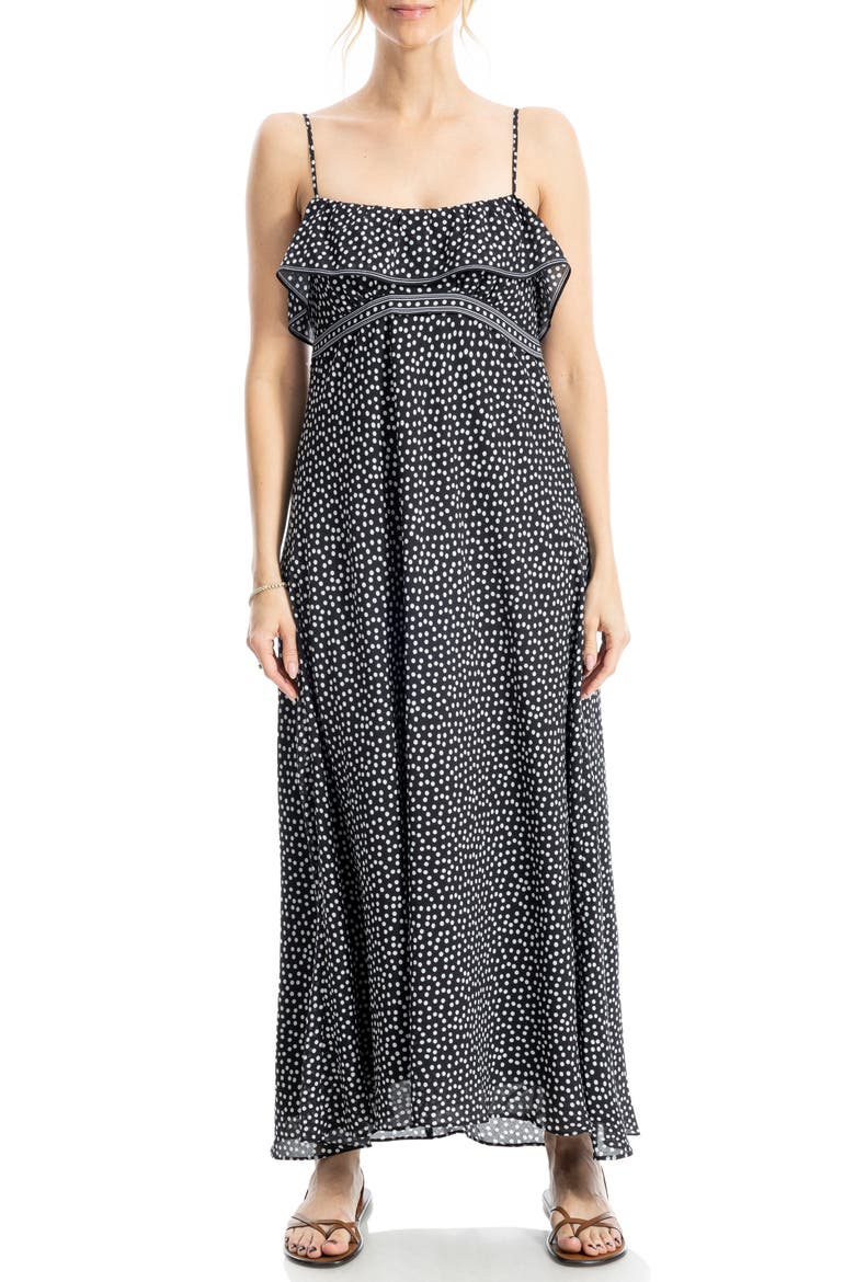 Ruffle Empire Waist Maxi Dress, Main, color, BLACK/ IVORY POLKA DOT