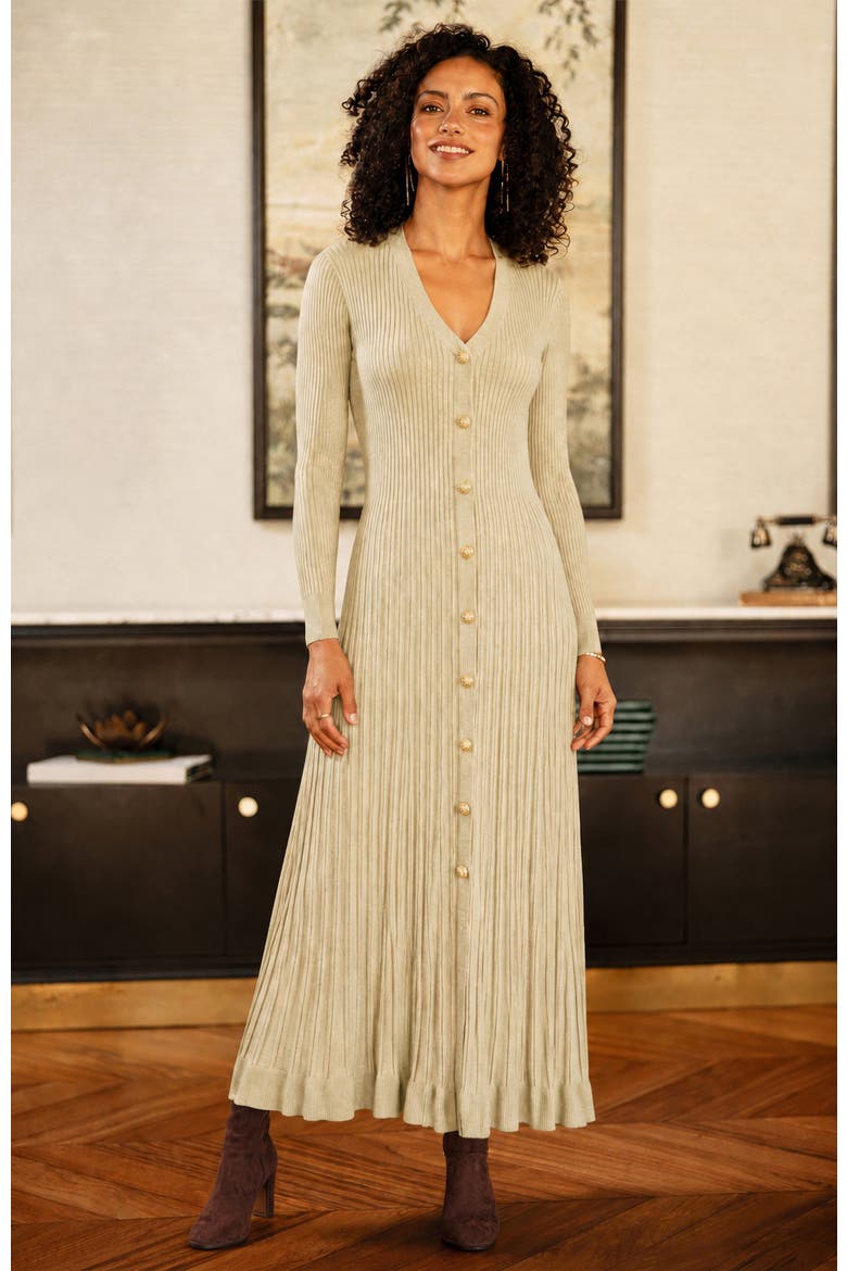 Button-Front Knitted Ribbed Dress, Alternate, color, Beige