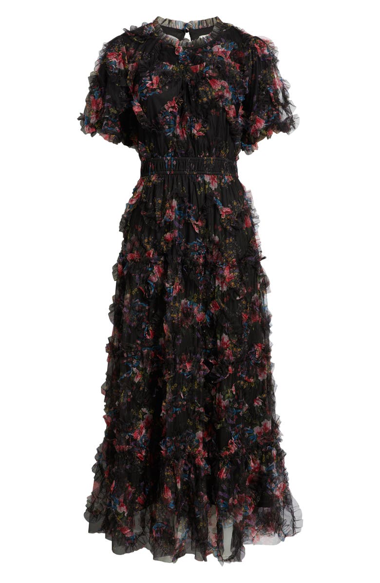 ZOE AND CLAIRE Floral Print Ruffle Mesh Maxi Dress, Alternate, color, Black Multi