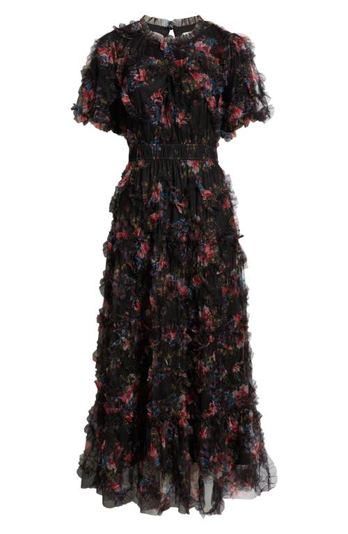 Zoe And Claire Floral Print Ruffle Mesh Maxi Dress In Black