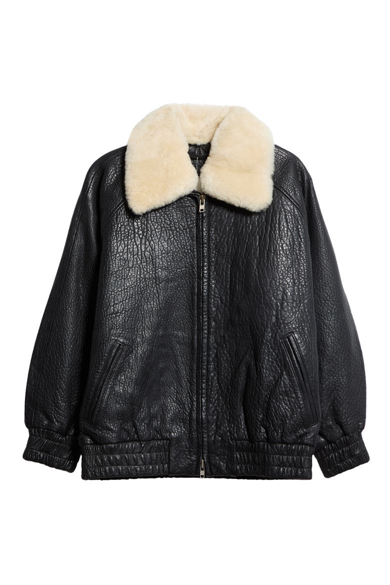 Tobie Leather Bomber Jacket with Genuine Shearling Collar, Main, color, BLACK