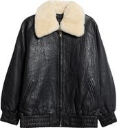 Stand Studio Tobie Leather Bomber Jacket with Genuine Shearling Collar