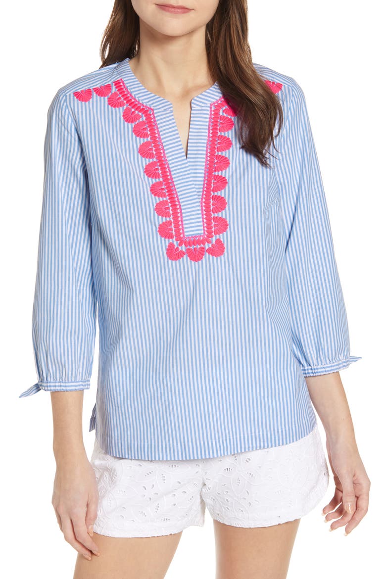 Savannah Stripe Embroidered Top, Main, color, CORNFLOWER