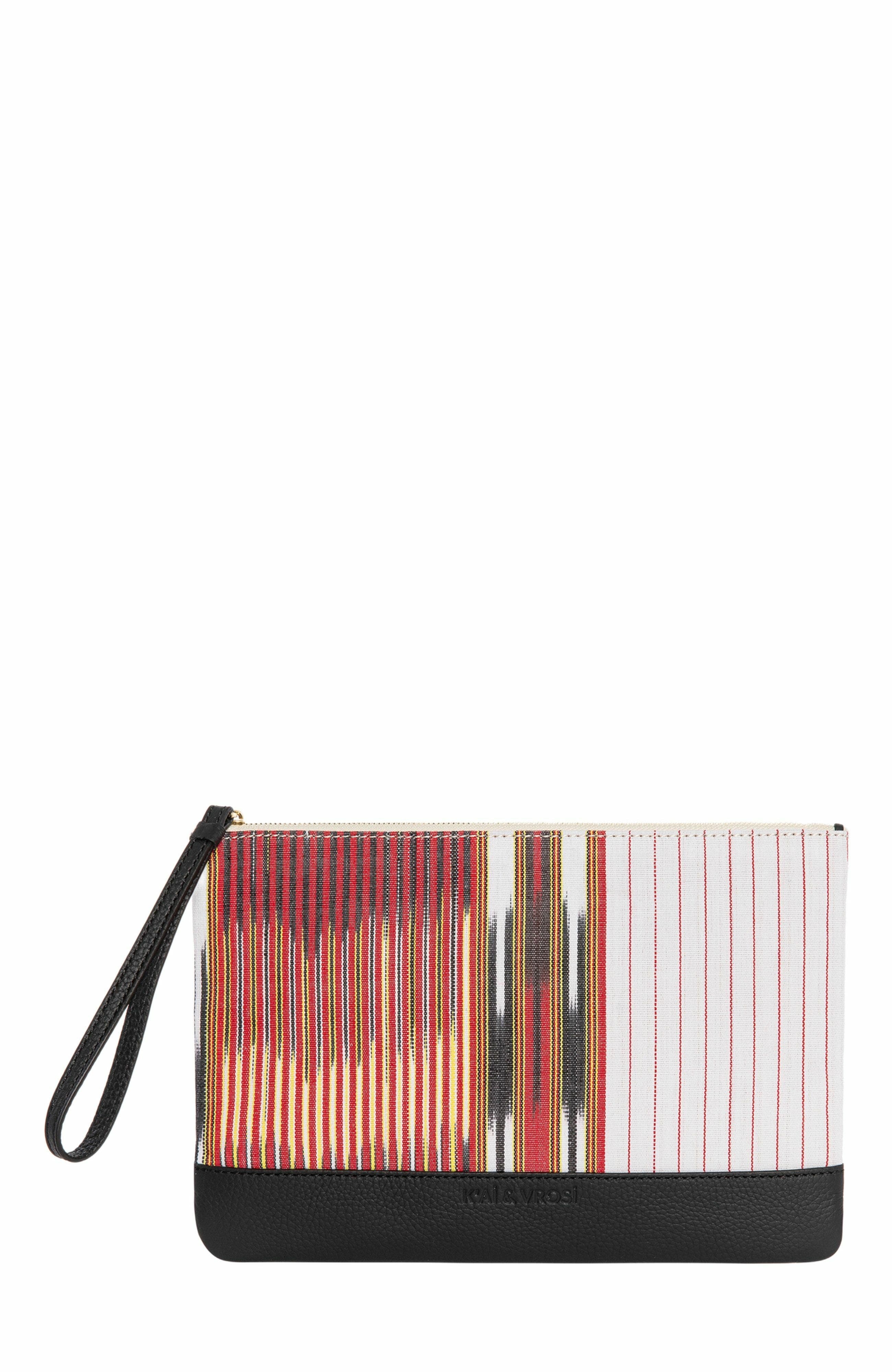 K'ai & Vrosi Puli Calfskin & Handloomed Fabric Clutch, Main, color, Black