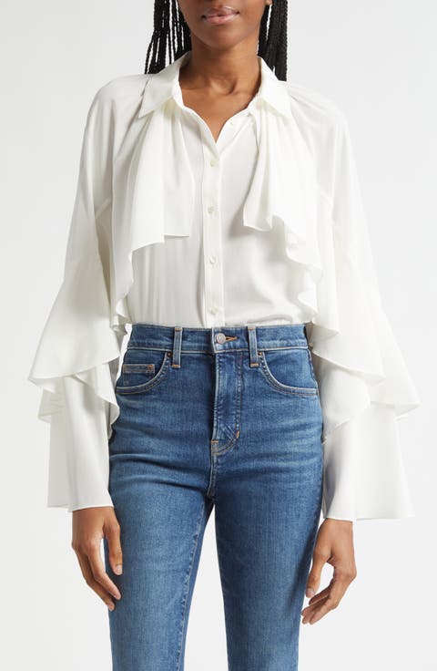 Demaris Ruffle Stretch Silk Button-Up Shirt