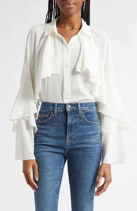 Veronica Beard Demaris Ruffle Stretch Silk Button-Up Shirt