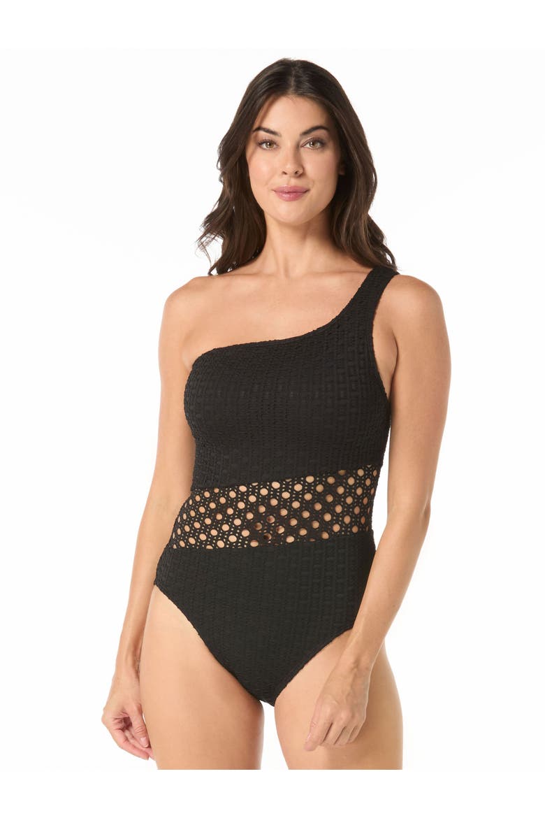 Crochet One Shoulder One-Piece Swimsuit, Main, color, Black