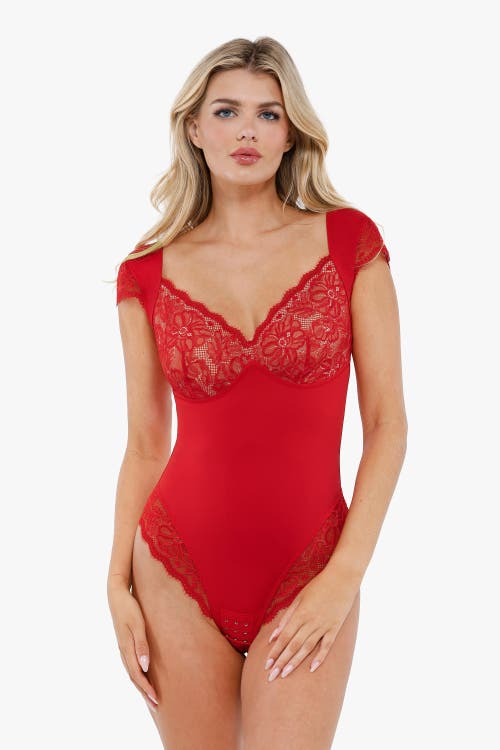 Popilush Shapewear Cap Sleeve Slimming Lace Cup Bodysuit In Cherry Red