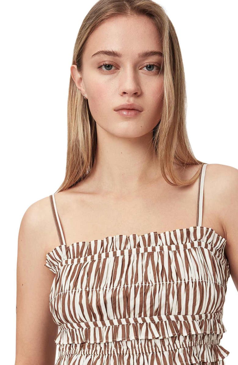 AllSaints Kali Stripe Smocked Cotton Peplum Tank, Alternate, color, Penny Brown/ White