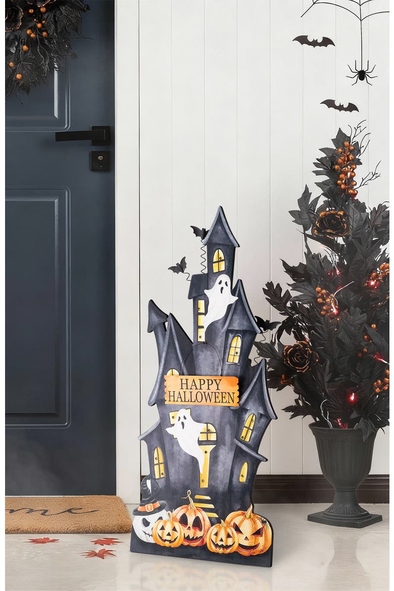 30"H Halloween Lighted Wooden Haunted House Porch Decor, Alternate, color, Black