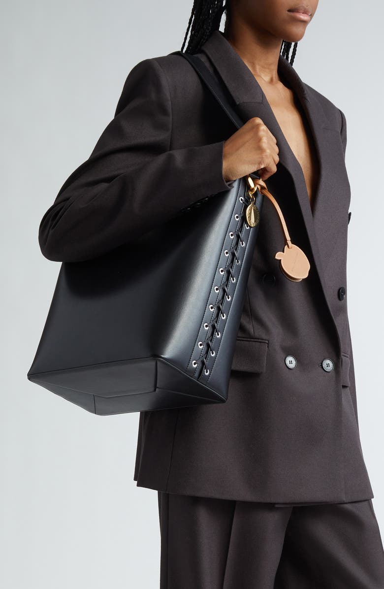 Stella McCartney Frayme Laced Faux Leather Tote, Alternate, color, Black