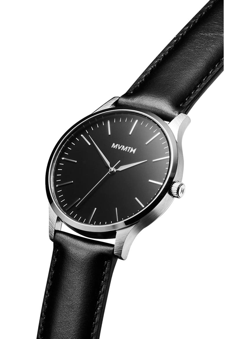 MVMT 40 Series Leather Strap Watch, 40mm, Alternate, color, BLACK/ SILVER