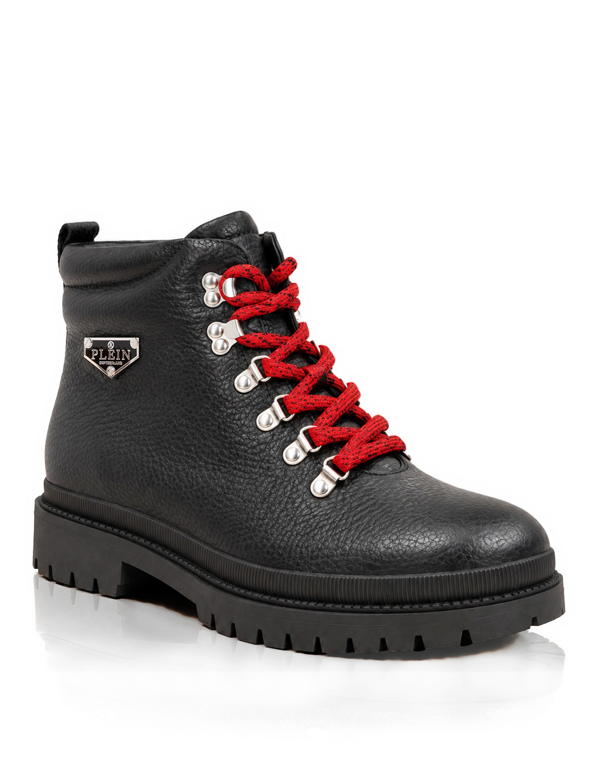 Leather Mountain Boots Deer Print Triangle Placca Men, Main, color, black