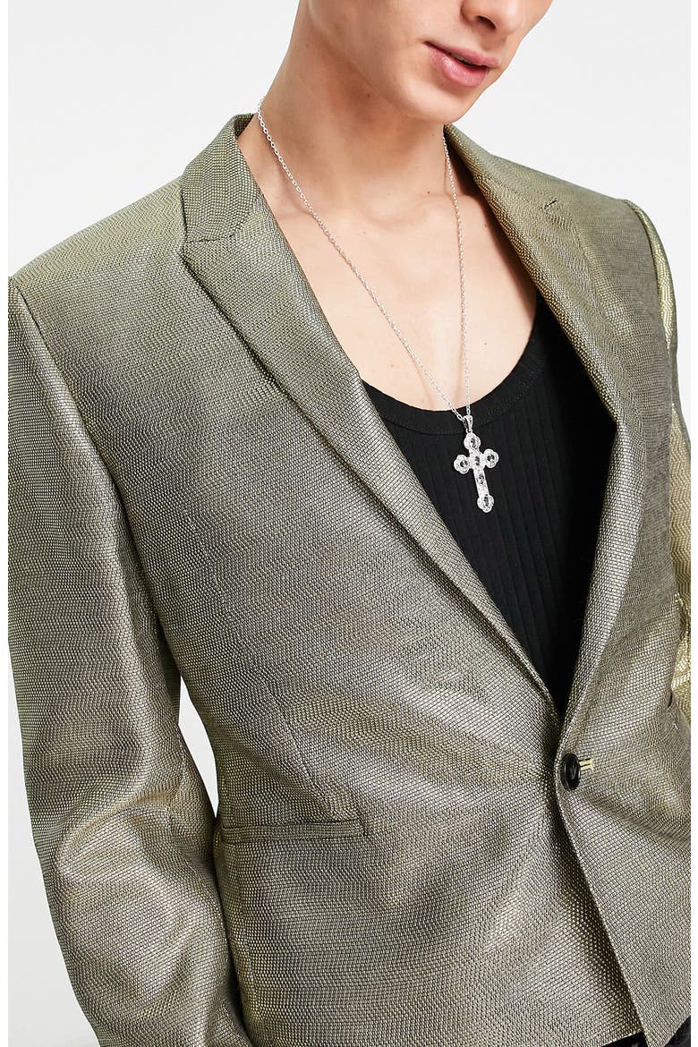 Metallic Textured Crop Single-Button Blazer, Alternate, color, GOLD