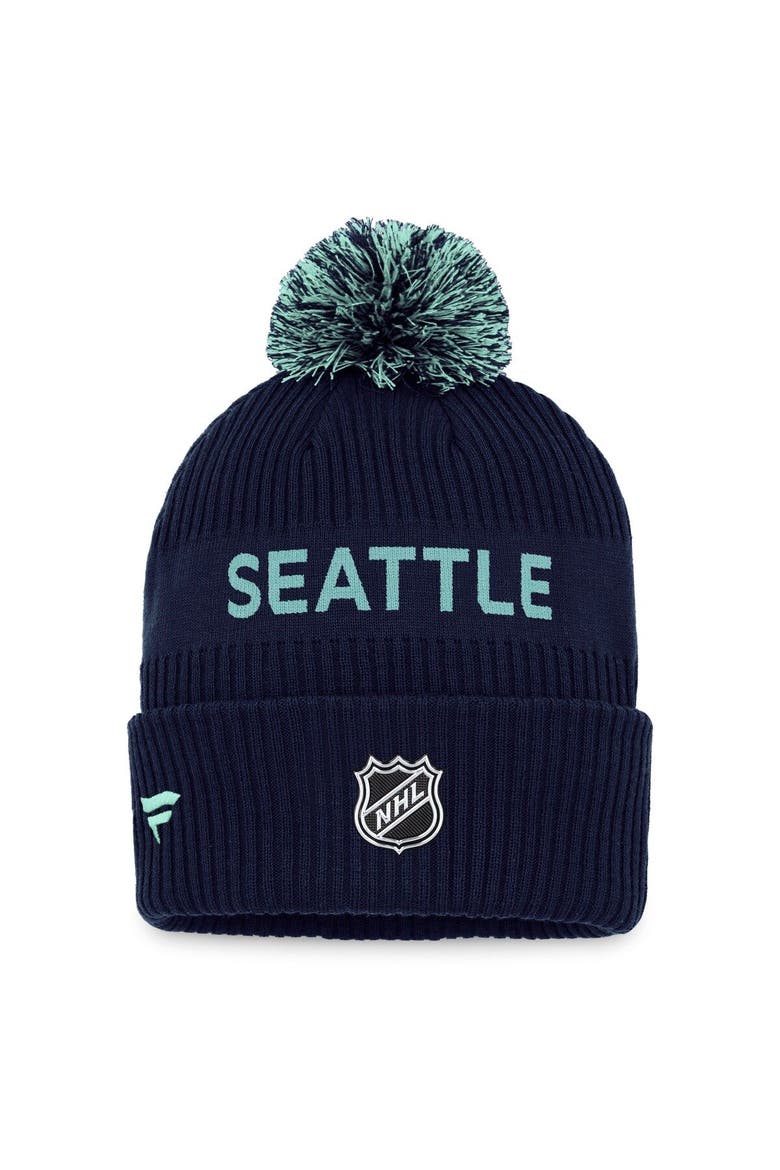 Men's Fanatics Branded Deep Sea Blue/Light Blue Seattle Kraken 2022 NHL Draft Authentic Pro Cuffed Knit Hat with Pom, Alternate, color, Navy