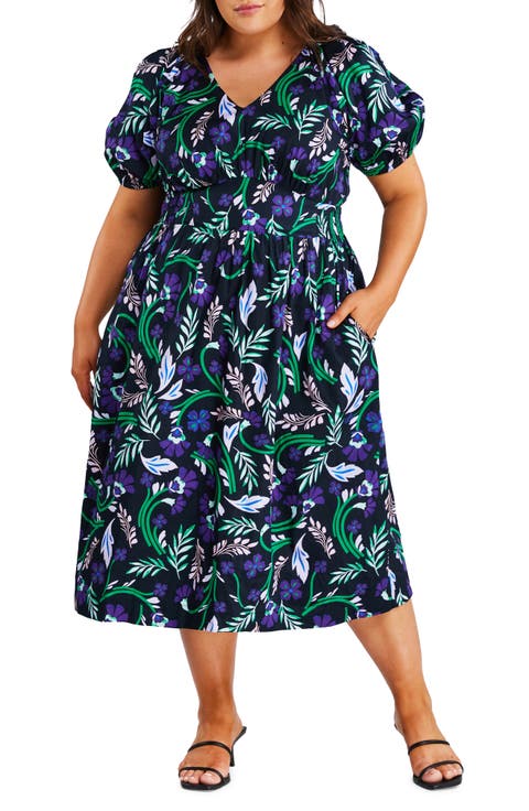 Ultraviolet Floral Cotton Midi Dress (Plus)