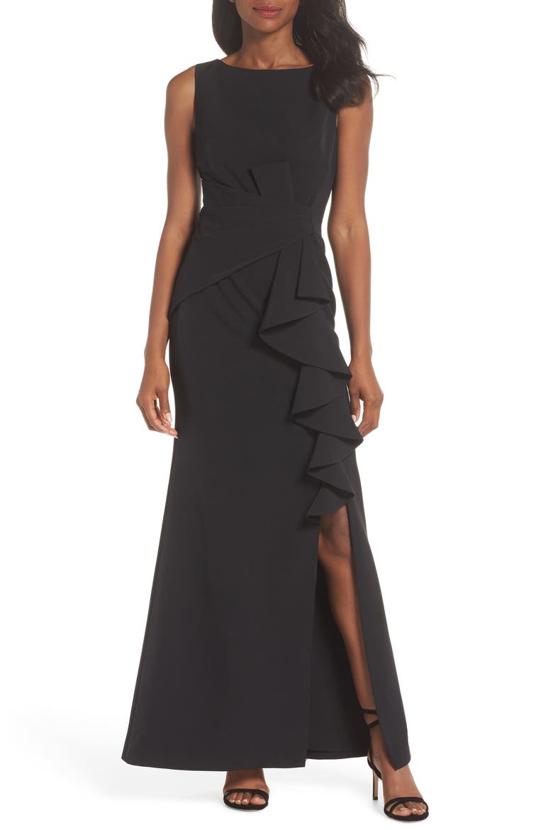 Cascade Ruffle Sleeveless Gown, Alternate, color, BLACK