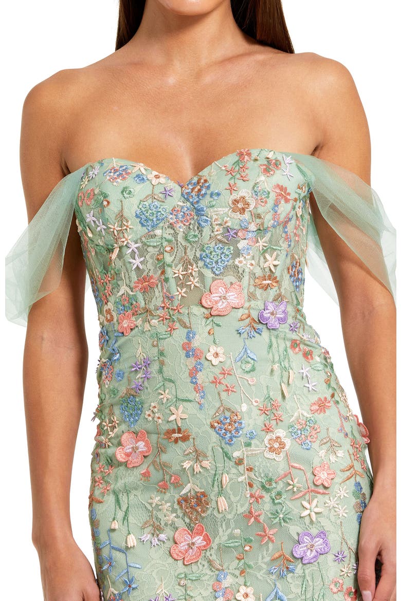 Off The Shoulder Bustier Emboridered Net Gown, Alternate, color, Sage Multi