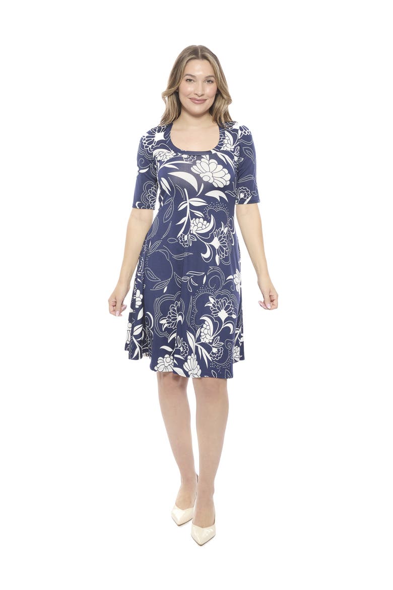 Womens Floral Scoop Neck Elbow Sleeve Knee Length A-Line Flared Dress, Main, color, Navy Multi