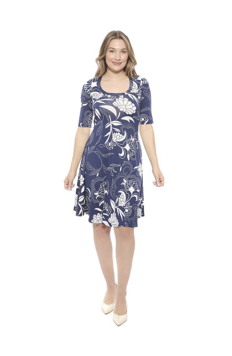 24seven Comfort Apparel Womens Floral Scoop Neck Elbow Sleeve Knee Length A-Line Flared Dress, Main, color, Navy Multi