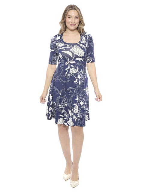 Womens Floral Scoop Neck Elbow Sleeve Knee Length A-Line Flared Dress