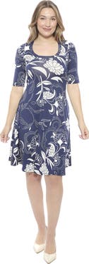 24seven Comfort Apparel Womens Floral Scoop Neck Elbow Sleeve Knee Length A-Line Flared Dress