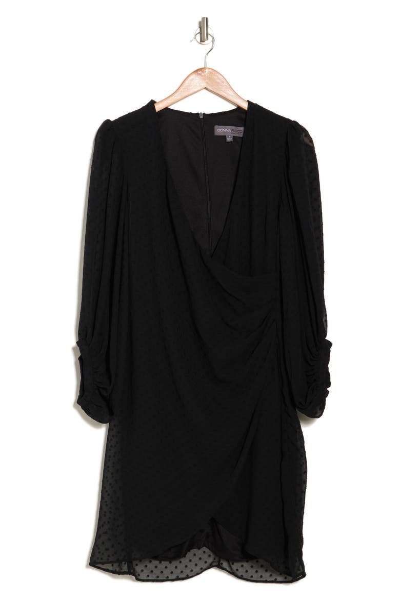 Swiss Dot Balloon Sleeve Faux Wrap Dress, Alternate, color, BLACK