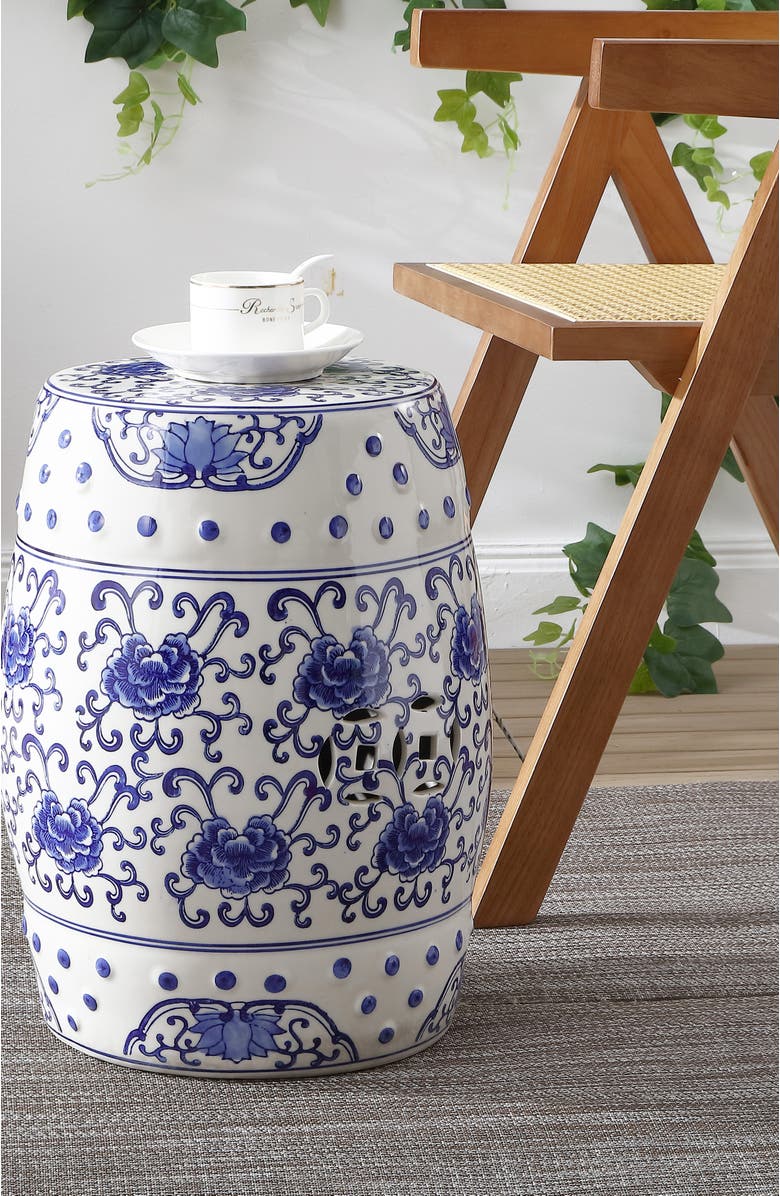 JONATHAN Y Lotus Flower 17.8" Chinoiserie Ceramic Drum Garden Stool, Alternate, color, Blue/White