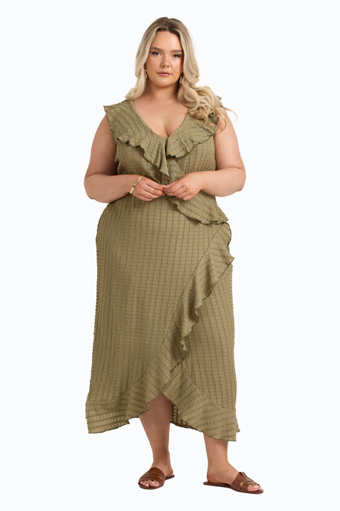 Ruffle Wrap Sleeveless Midi Dress