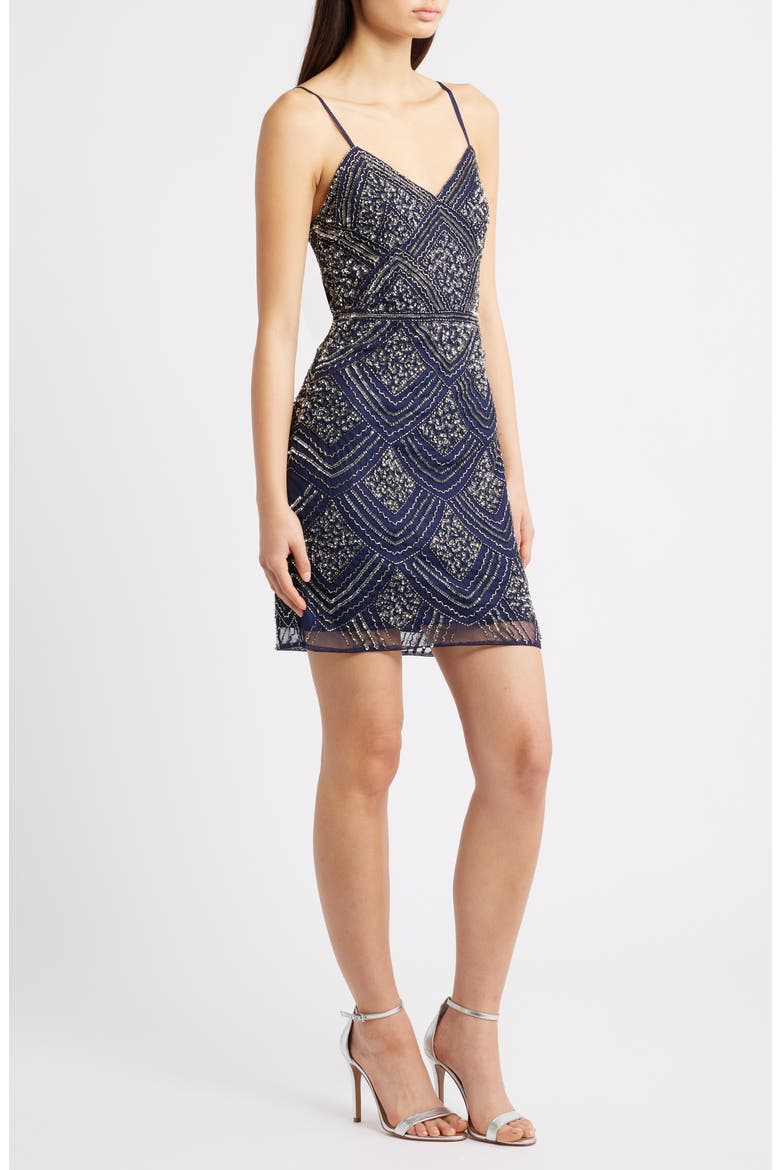Beaded Minidress, Alternate, color, NAVY/ SILVER