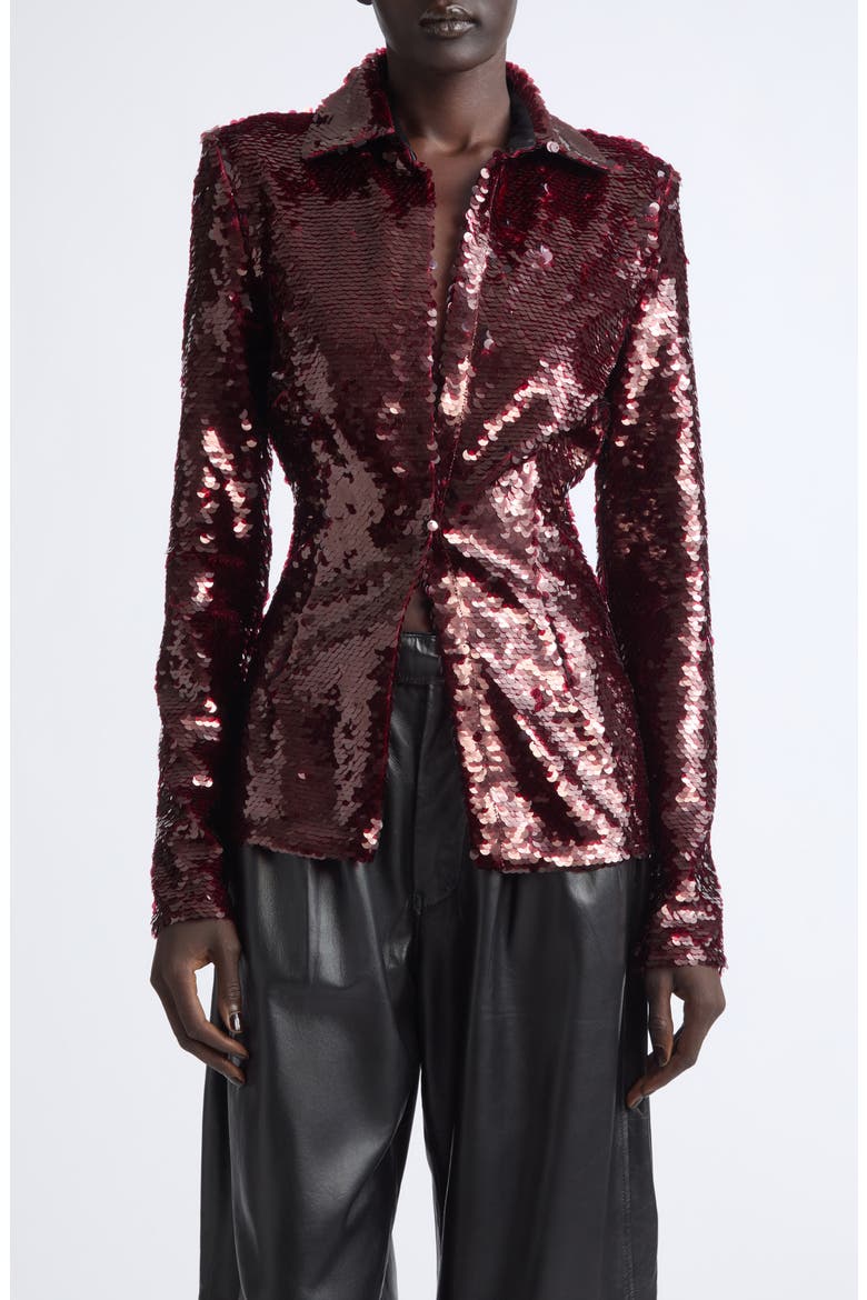 Sequin Button Down Shirt, Main, color, OXBLOOD
