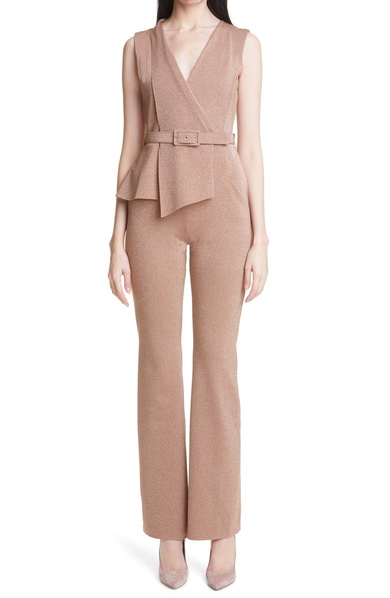 Chiara Boni La Petite Robe Kerolyn Metallic Slim Fit Belted Jumpsuit, Main, color,