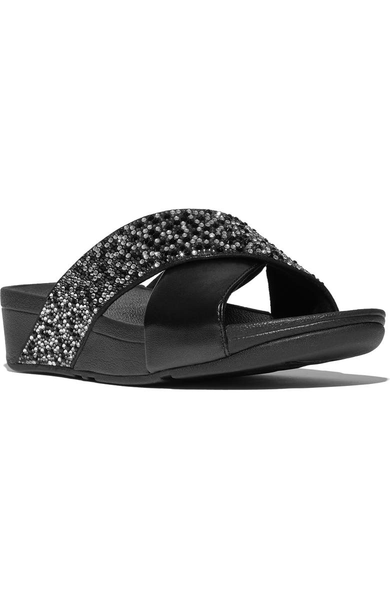 FitFlop Lulu Crystal-mix metallic cross slides, Main, color, All Black