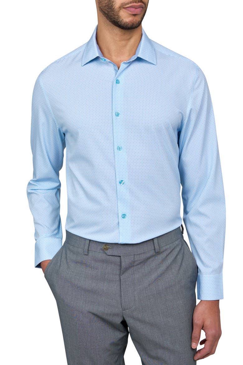 Slim Fit Flower Geo Print Recycled Performance Stretch Dress Shirt, Main, color, WHITE/BLUE