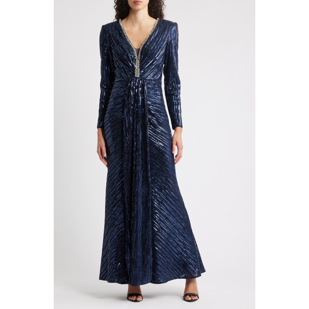 Eliza J Embellished Long Sleeve Mermaid Gown In Blue