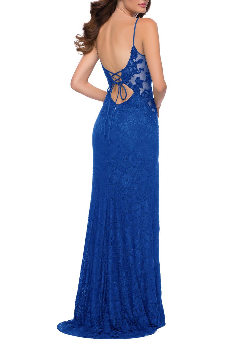 Sleek Lace Long Dress with Sheer Sides and Open Back, Alternate, color, ROYAL BLUE