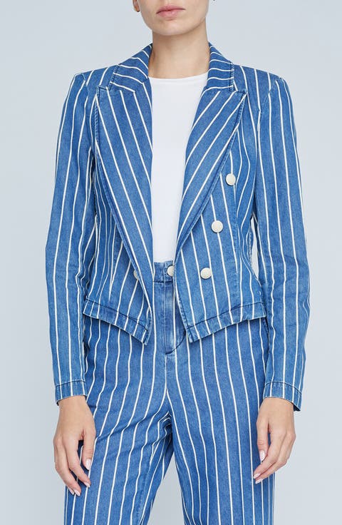 Wayne Stripe Double Breasted Crop Denim Jacket