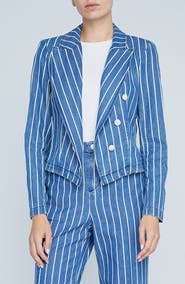 L'AGENCE Wayne Stripe Double Breasted Crop Denim Jacket